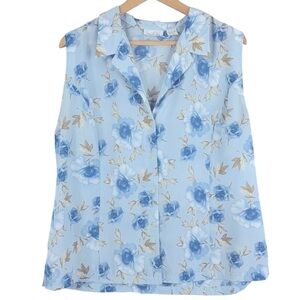 Cracked Wheat made in Canada Blue Floral Sleeveless button down collared Blouse
